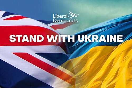 Flags of the UK and Ukraine with the words stand with Ukraine and the Liberal Democrat logo