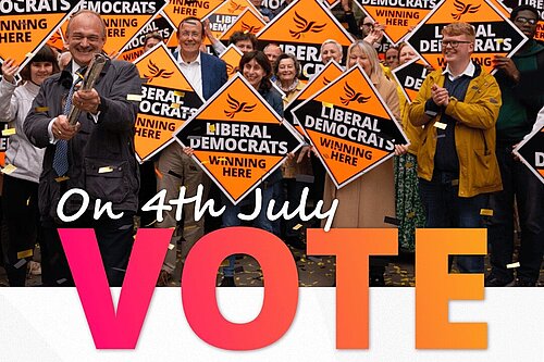 Graphic saying "On 4th July vote Liberal Democrats for a Fair Deal".