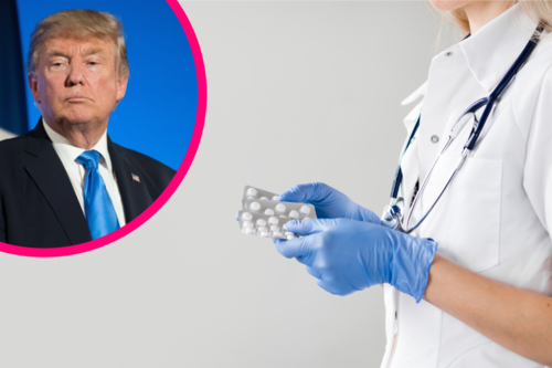 person in scrubs holding medication. superimposed on left - Donald Trump
